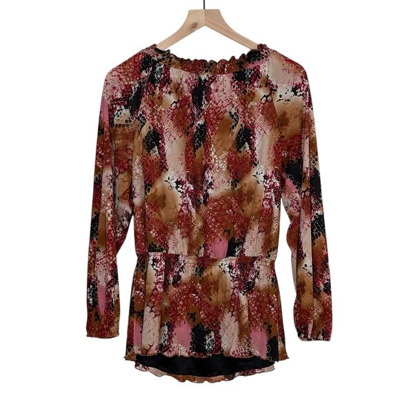 Elementz Earth Tones Deep V Neck Ruffled Cinched Long Sleeve Romantic Blouse - Picture 2 of 7